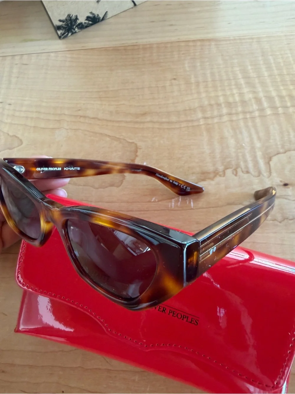 KHAITE Tortoiseshell Cat-Eye Sunglasses with Red Patent Case